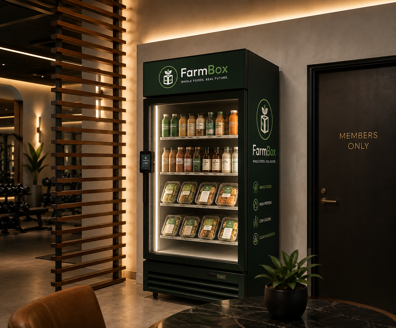A branded FarmBox smart fridge stocked with whole foods in a premium gym
